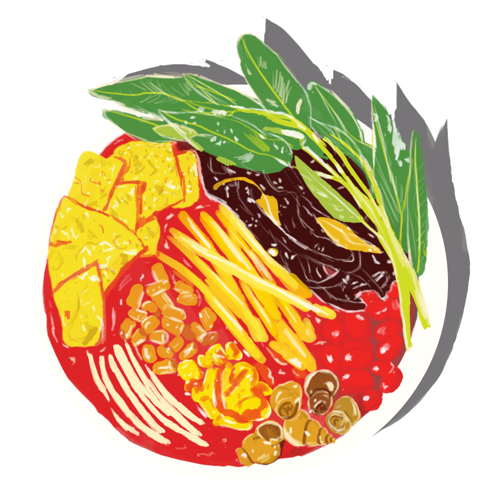 Painted Illustration of a dish of River Snail Rice Noodles, with red broth, which originated from the Guangxi Province of China.