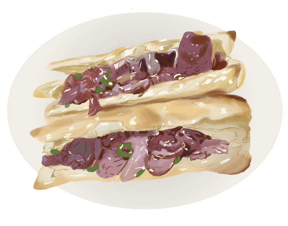 Painted Illustration of a Donkey Burger, akin to a sandwich, which originated from the Hebei Province of China.