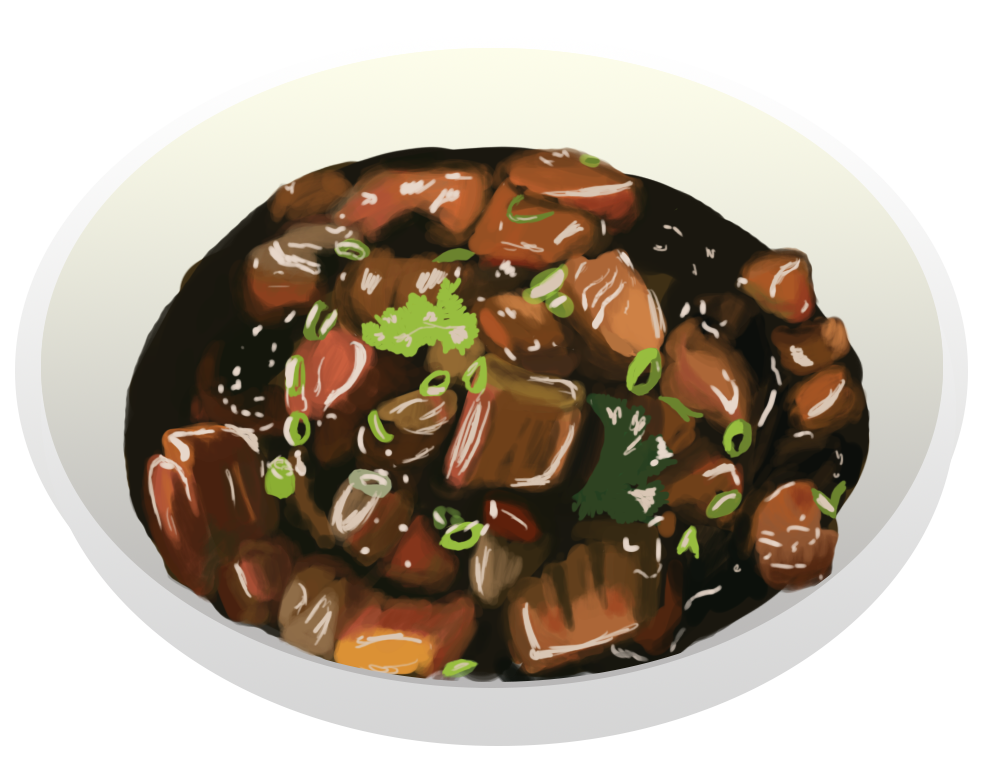 Painted Illustration of a dish of Red Braised Pork Belly, which originated from the Hunan Province of China.