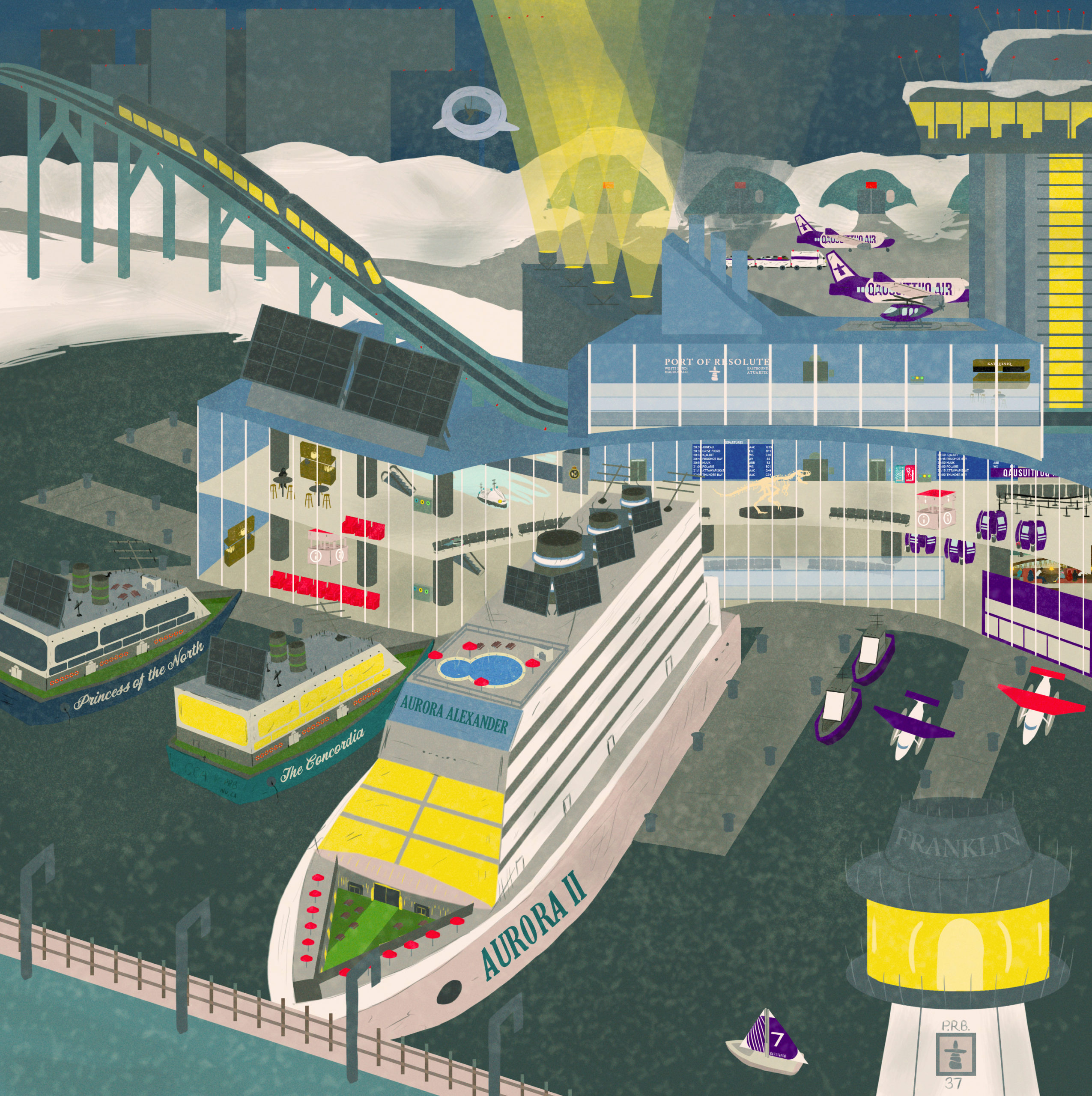 A detailed illustration of the exterior of the Port of Resolute. To the bottom of the illustration, large cruiseships are docked at the port. Behind the buildings, airplanes are visible on the tarmac. There is a maglev train running into the port's station and lots of activity inside the glass windows of the port. The colour palette is cool, stormy grey, and the art style is lineless.