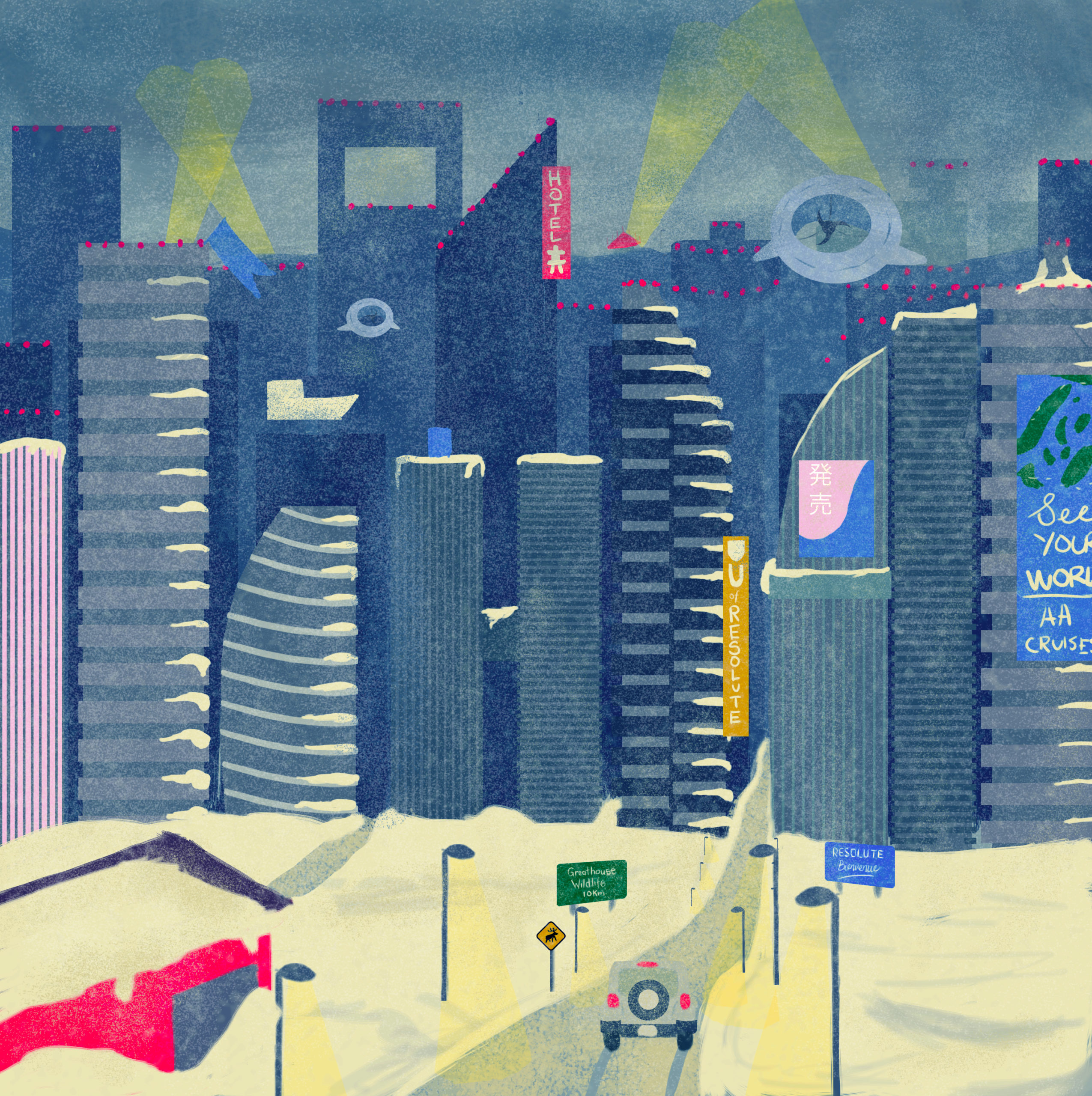 Detailed illustration of a futuristic city skyline, with buildings of unusual shapes, covered with snow. Wind turbines float through the air, and spotlights are visible in the distance. A jeep drives down a road heading into the city proper. The colour palette is cool, mostly consisting of blues. The art style is lineless and intricate.