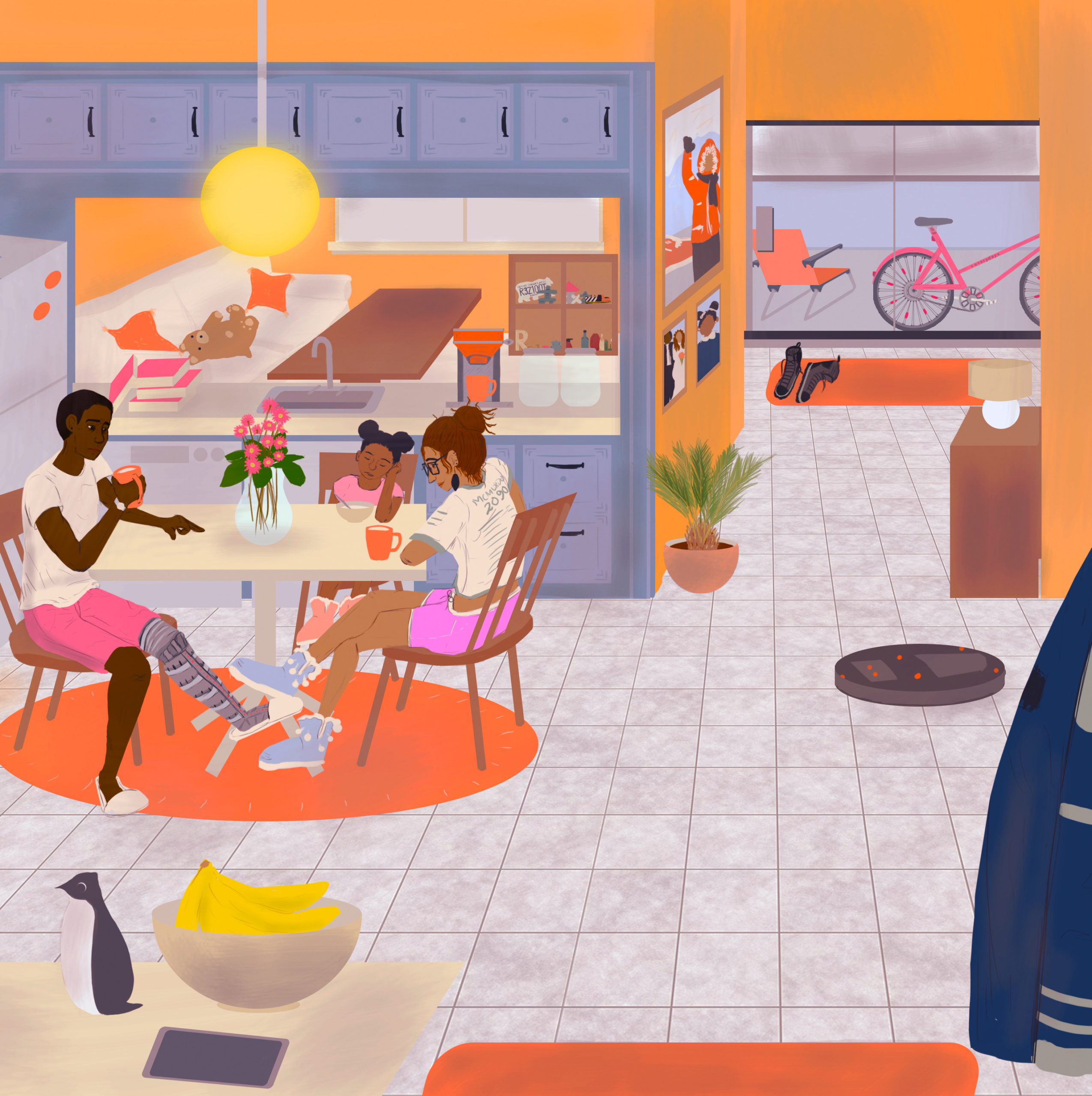 JP's Apartment — the interior of a Resolute apartment, with bright orange walls and pastel colours. A family sits at a kitchen table enjoying breakfast. Trinkets dot the apartment, including a roomba-type robot running along the floor.