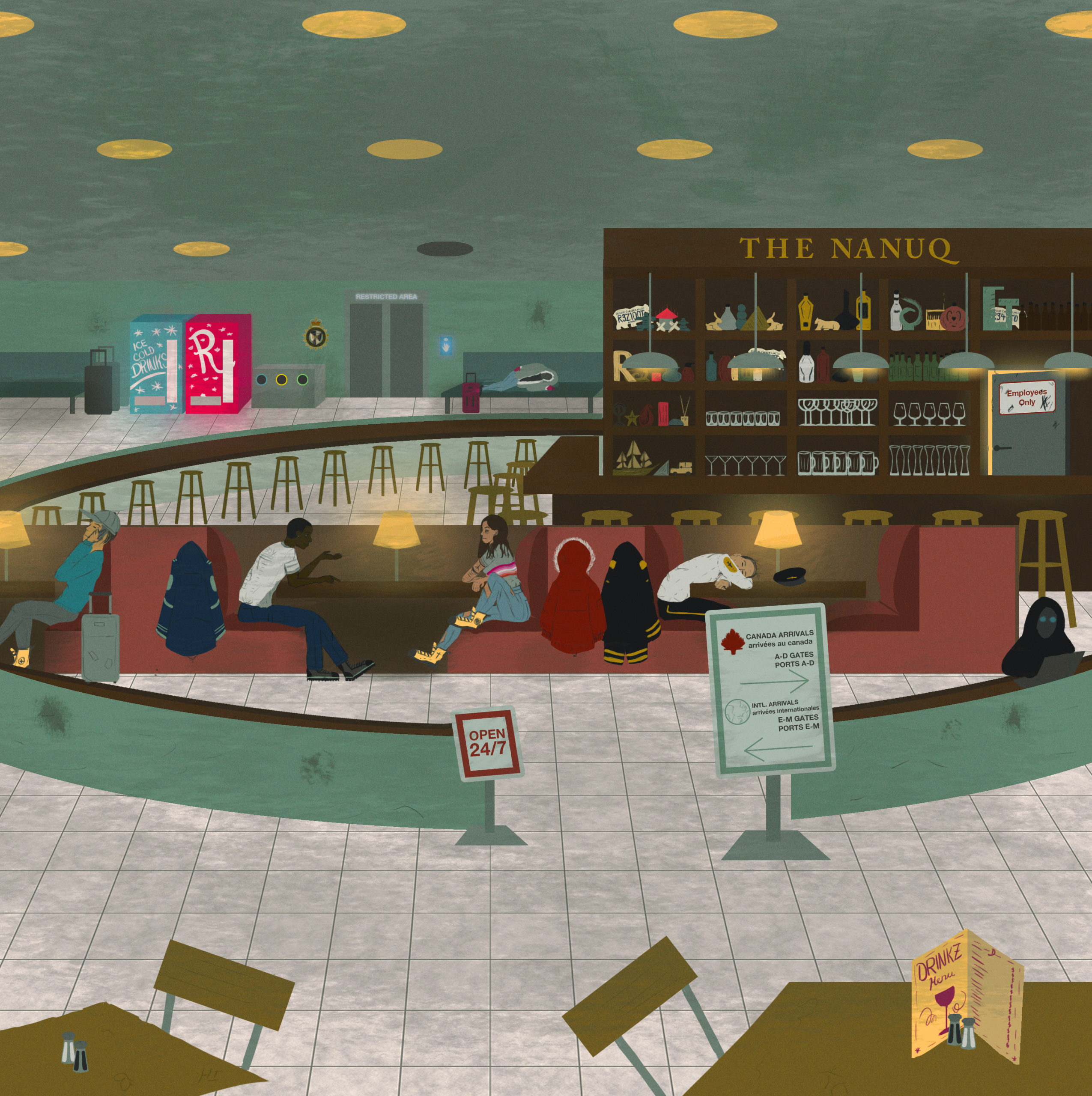 Detailed Illustration of the interior of the Port of Resolute, showcasing a small bar called 