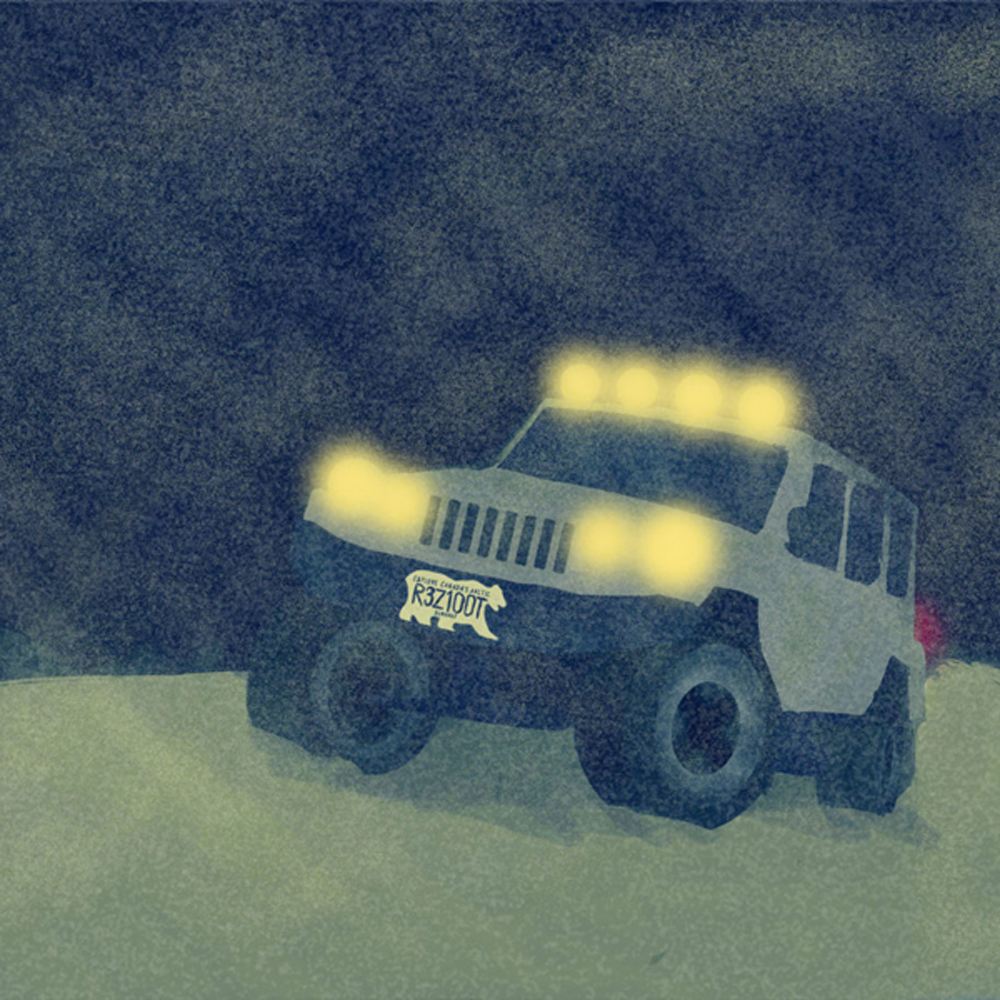 an illustration of a jeep with its headlights on on a dark background in the middle of a snowstorm.