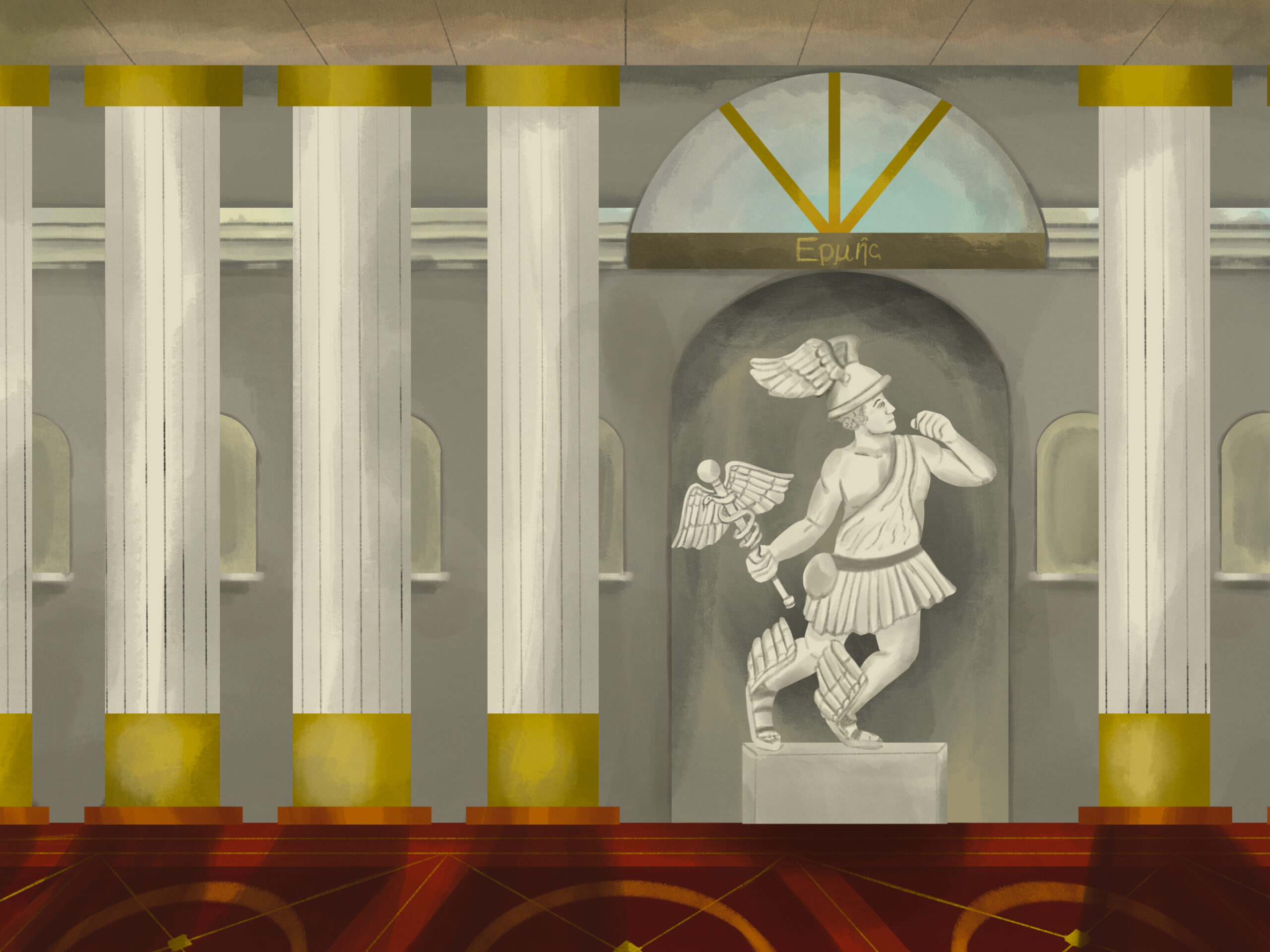 Inside Hermes' Temple. A large marble statue of Hermes stands over detailed red tiling and golden pillars inside the temple. The statue of Hermes has his cadeceus in hand as well as his signature winged helmet and sandals.