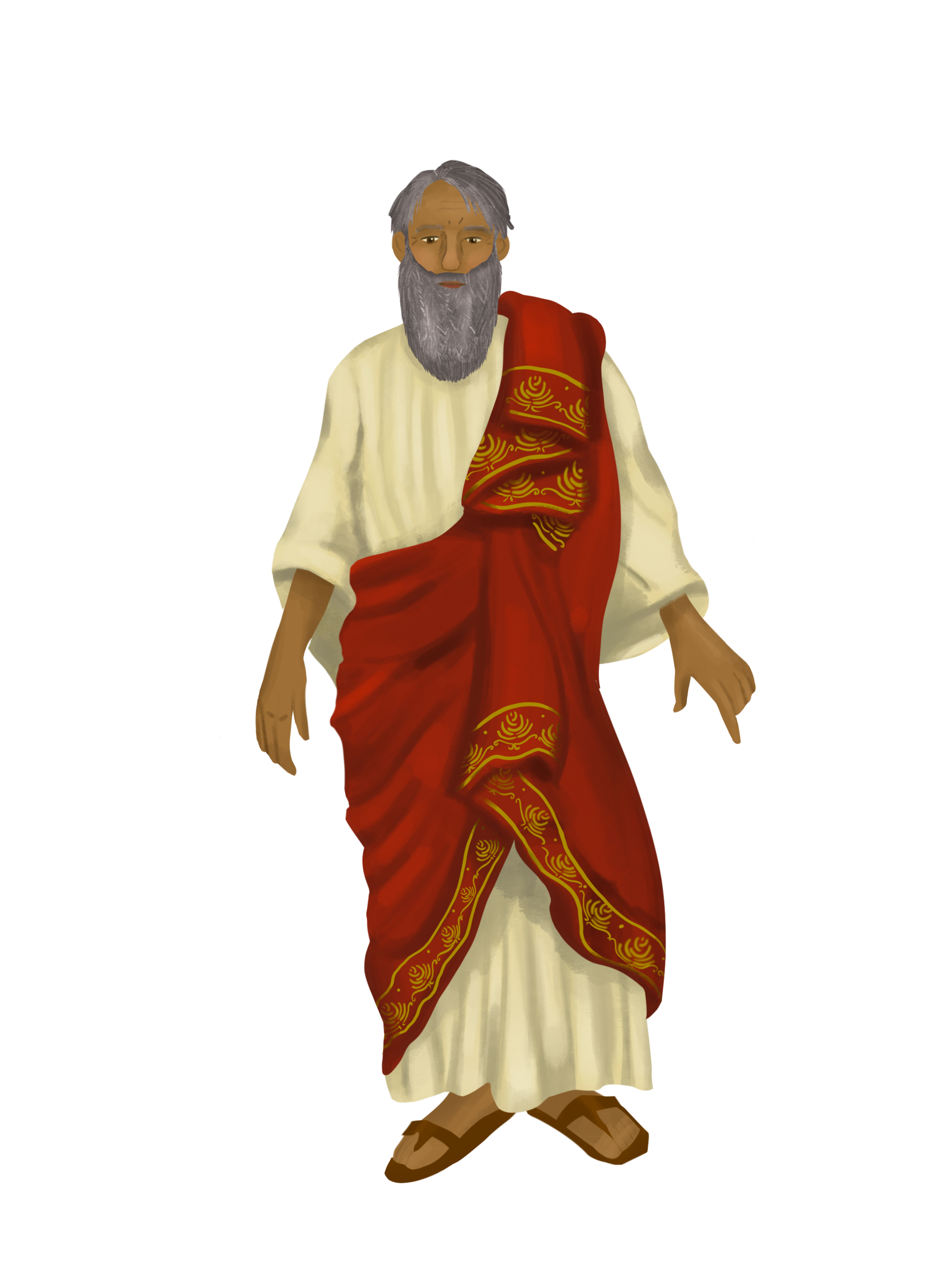 Old Man, resident of the town. He wears a long cream robe wrapped with a red scarf detailed with gold. He has brown skin, and a grey beard.