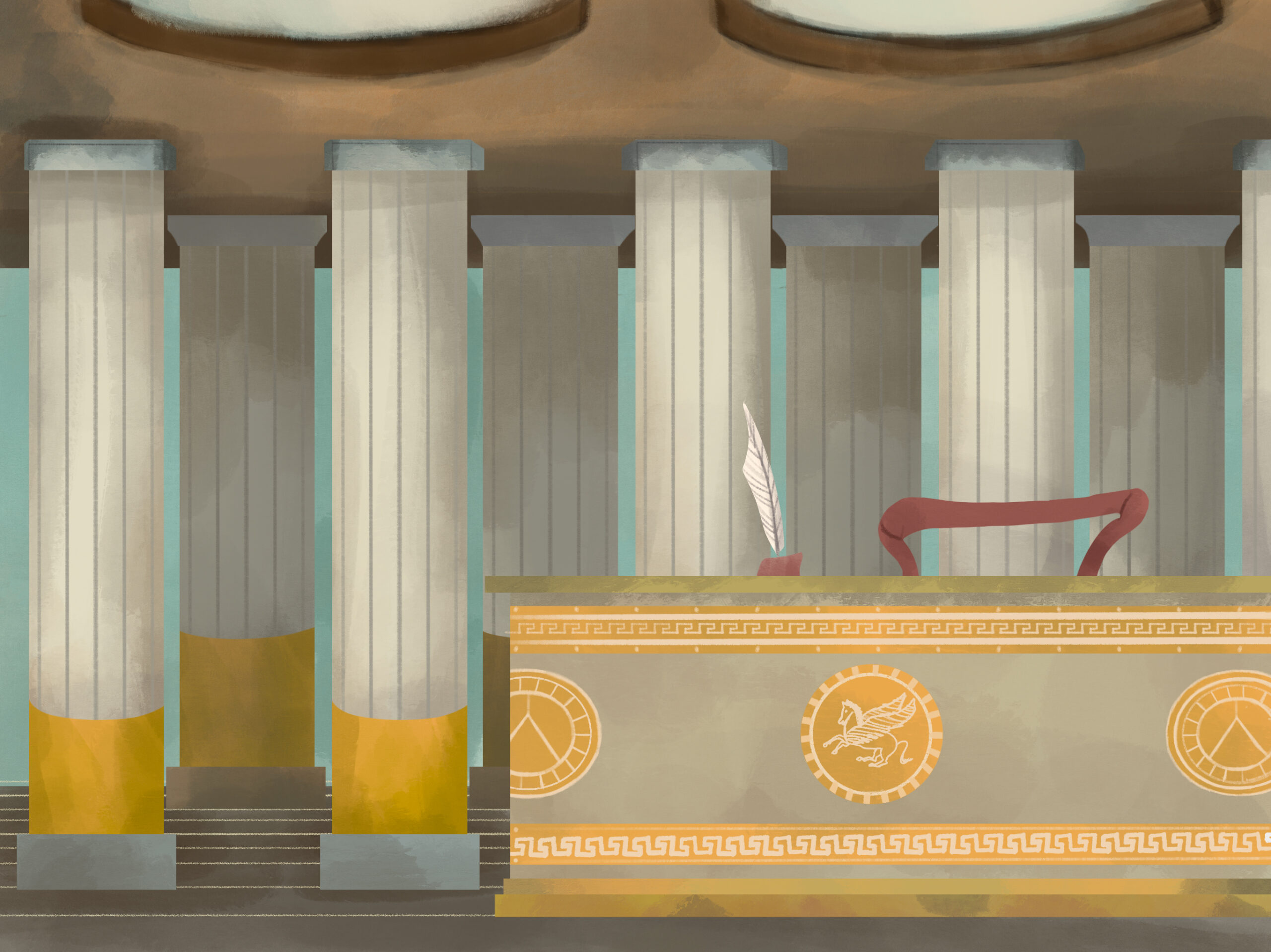 Inside the Pritaneo background. There are many pillars with gold trim, and a large marble desk emblazoned with a pegasus. The art style is lineless, with a natural palette.