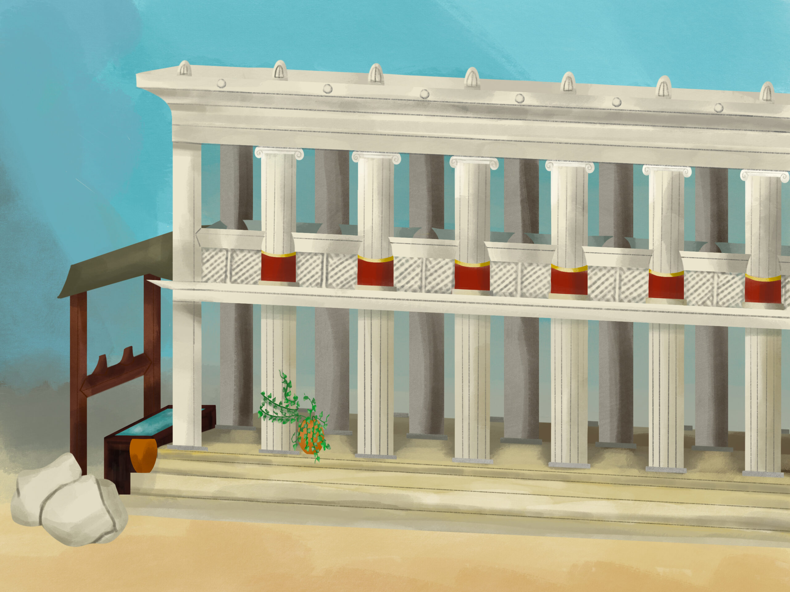 Stoa Background, featuring an ancient greek columned 'Stoa' in a sunny vista. The art style is lineless, with a natural palette.