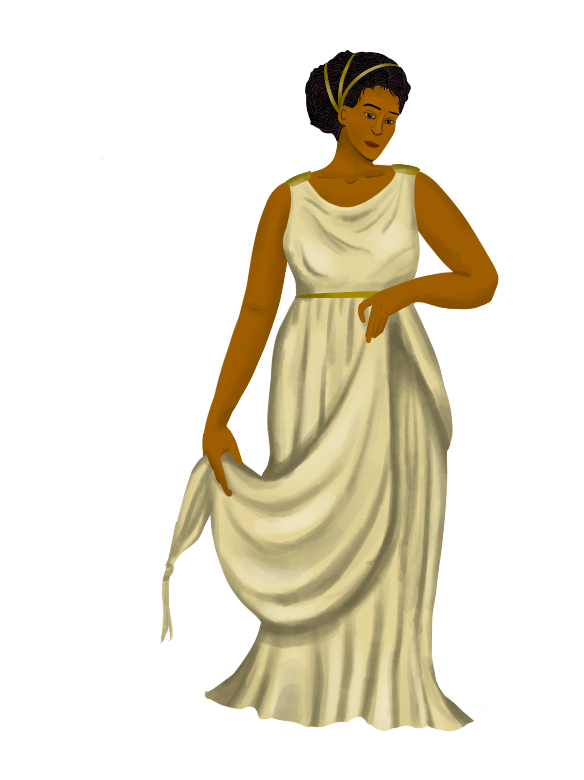Woman resident of the game; she has dark skin and a draped gown which she is holding up daintily with her hand while looking at the viewer.