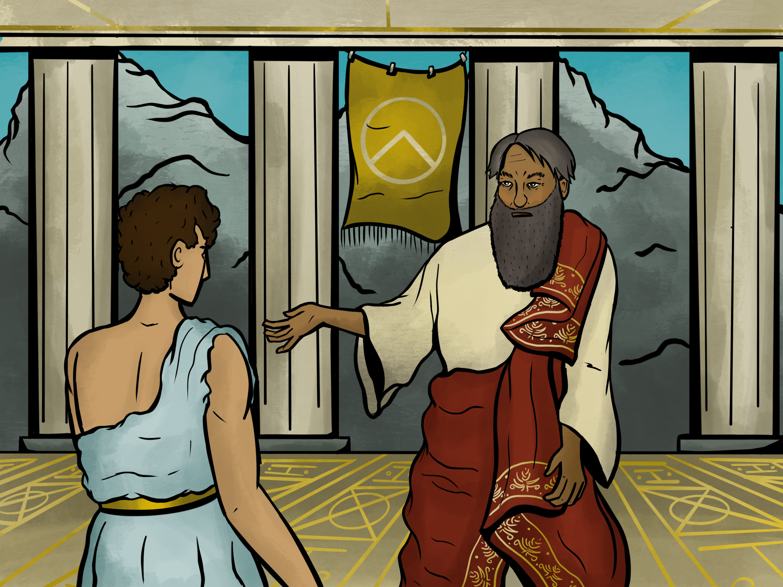 The Player Character is receiving advice from a wealthy townsperson in this comic; the townsperson is draped with a bright red robe.