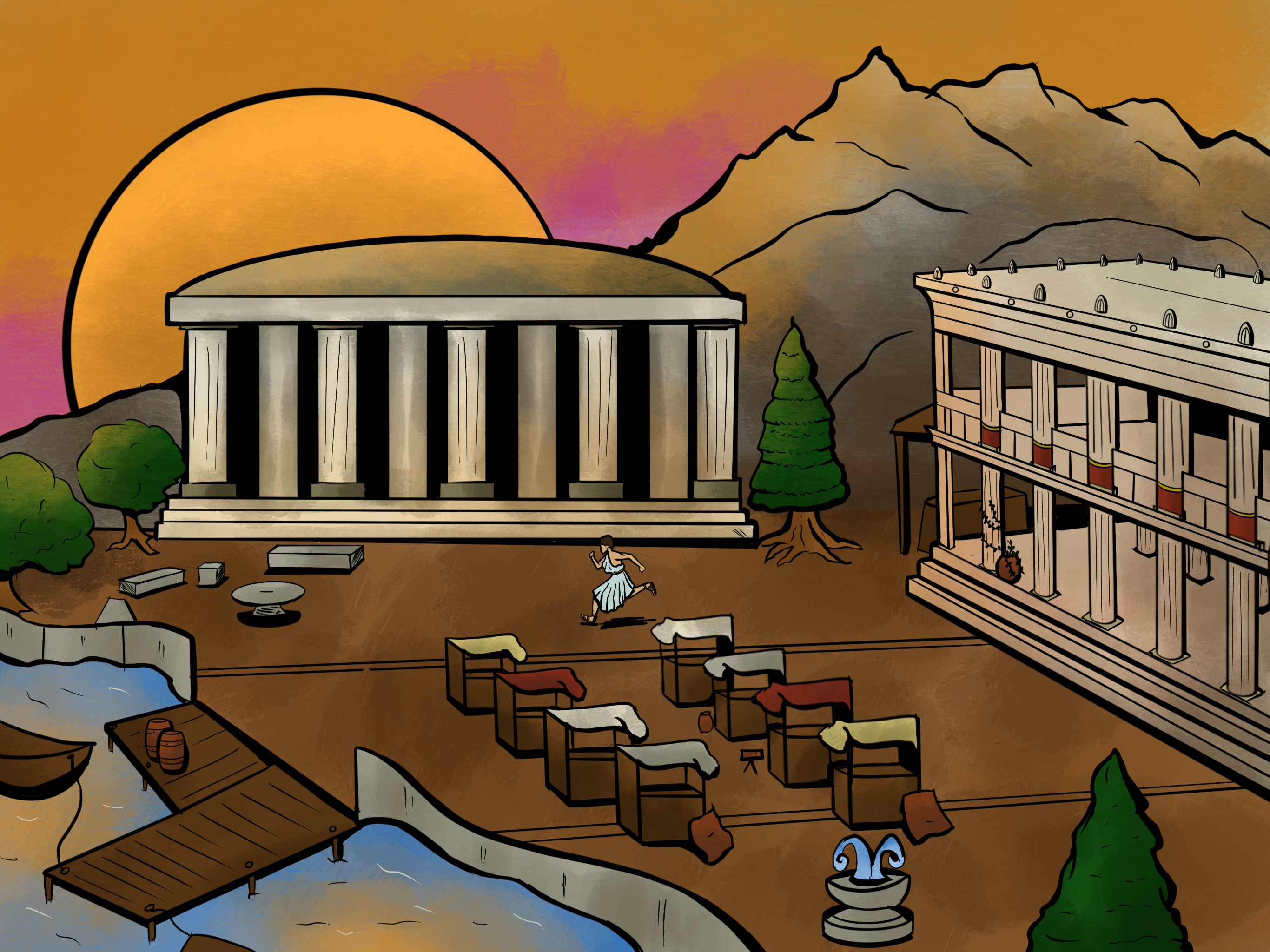 As the sun sets, the player character is seen running across the town in this comic.