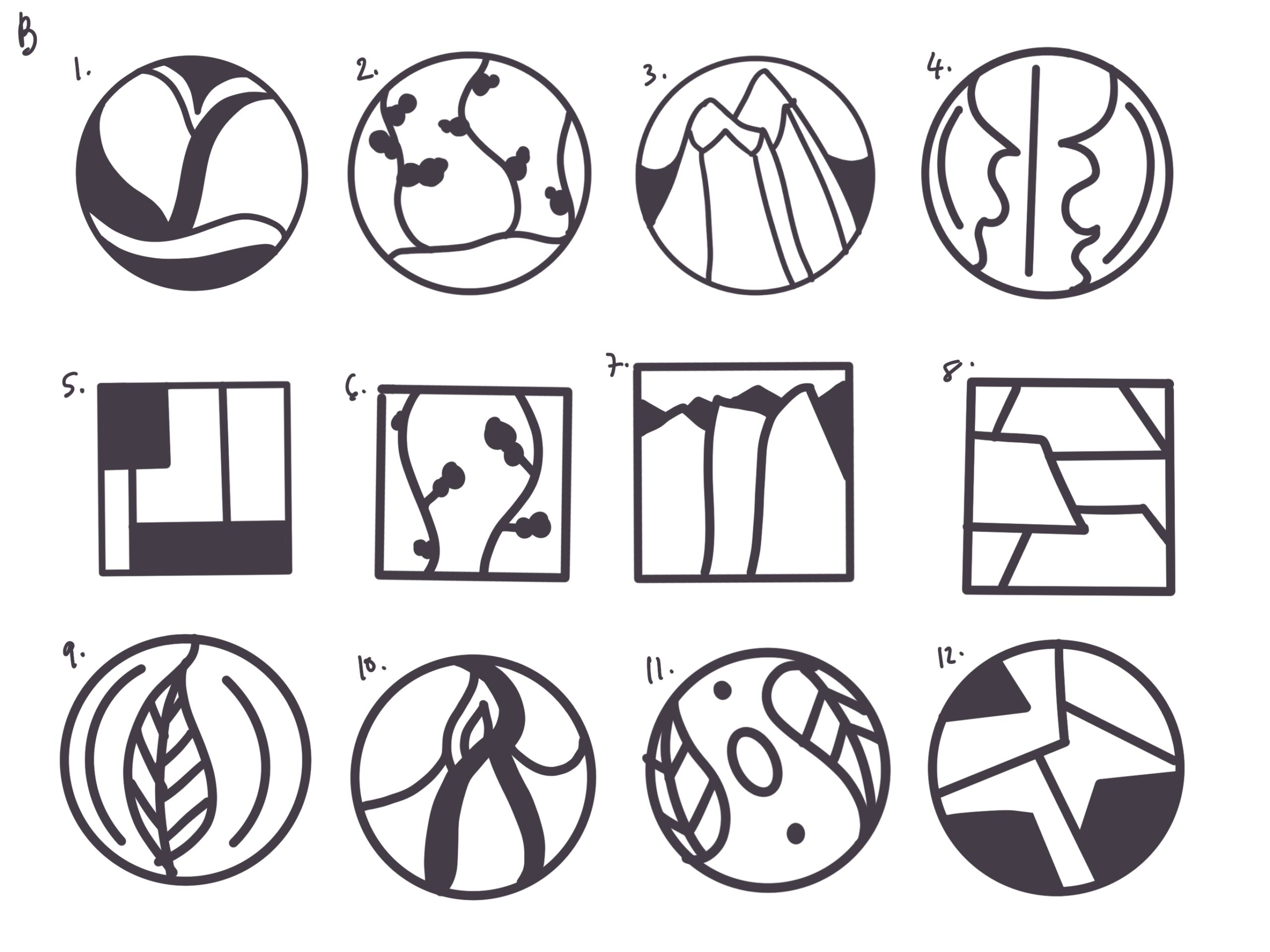 Harbour Roughs, early iterations in black and white. The logo sketches are contained within shapes, either squares or circles. All contain various abstract designs, pulled from nature.