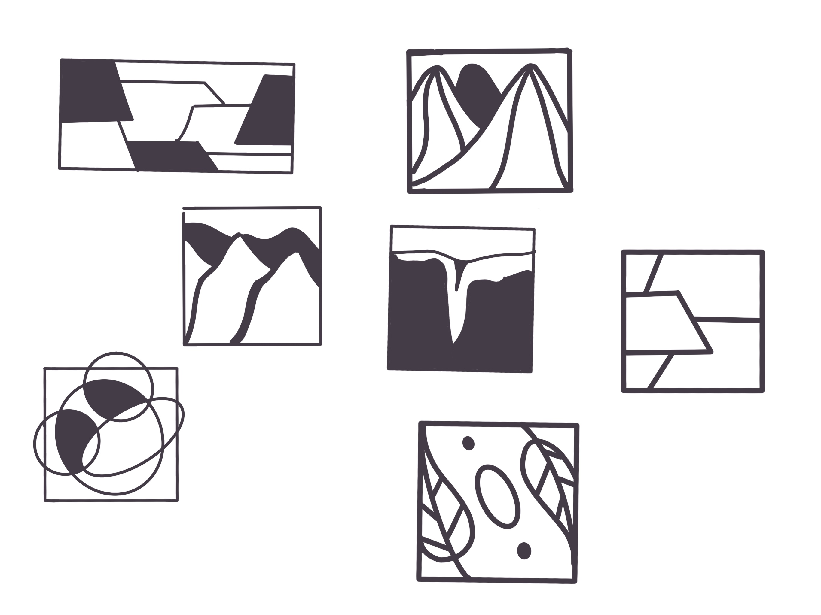Harbour Roughs, early iterations in black and white. The logo sketches are contained within shapes, either squares or rectangles. These versions are extremely abstract, playing with contrast and negative/positive space.
