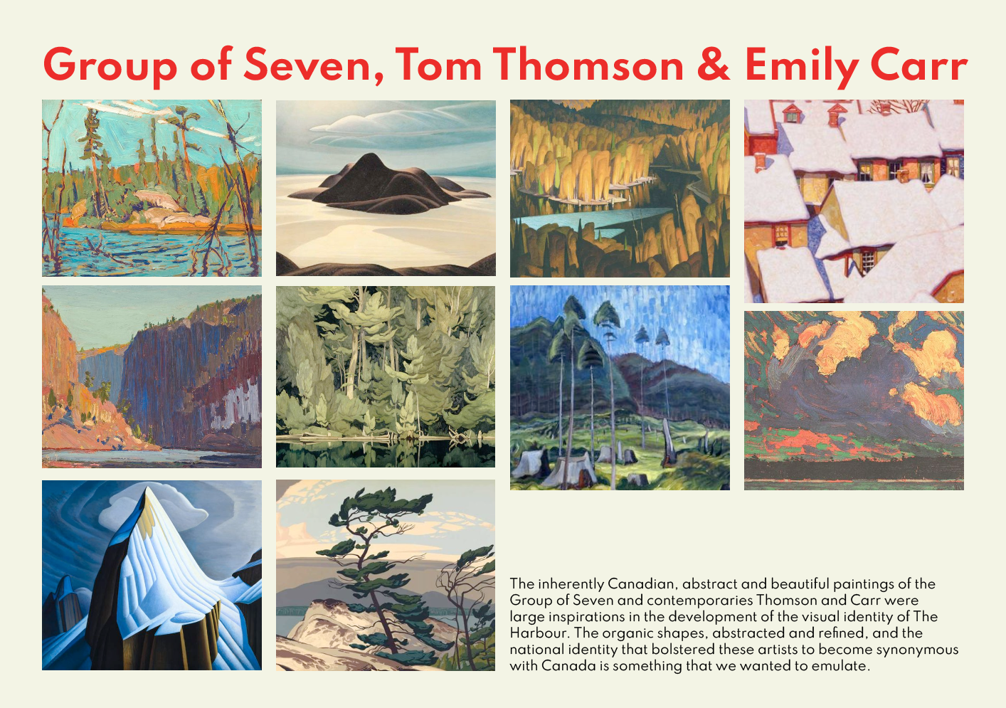 The Harbour - Inspiration: a collage of paintings by The Group of Seven, Tom Thomson, and Emily Carr. Text on the image reads 