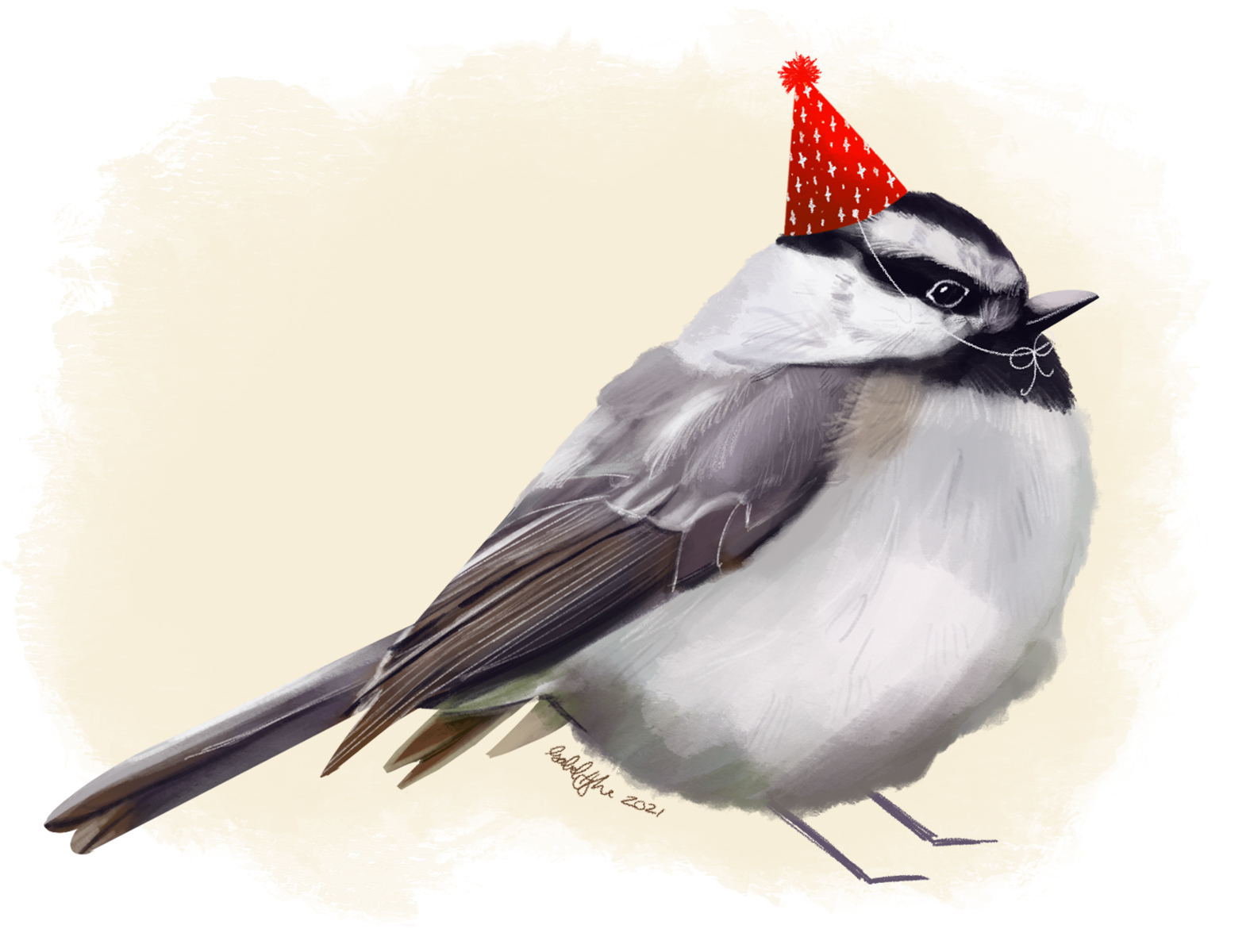 Gouache style digital illustration of a mountain chickadee wearing a red party hat